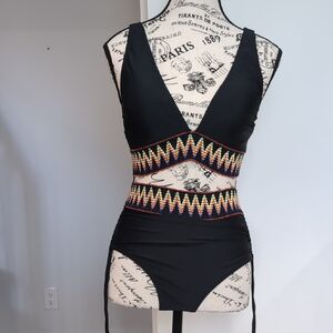 ZINPRETTY | Women's Black w/ Multicolor Trim High-Waisted Deep V-Neck Bikini